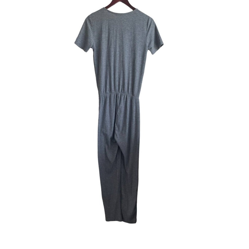 Zara Women Minimalist Loungewear Jumpsuit S Grey Ribbed Knit Wrap V-Neck‎